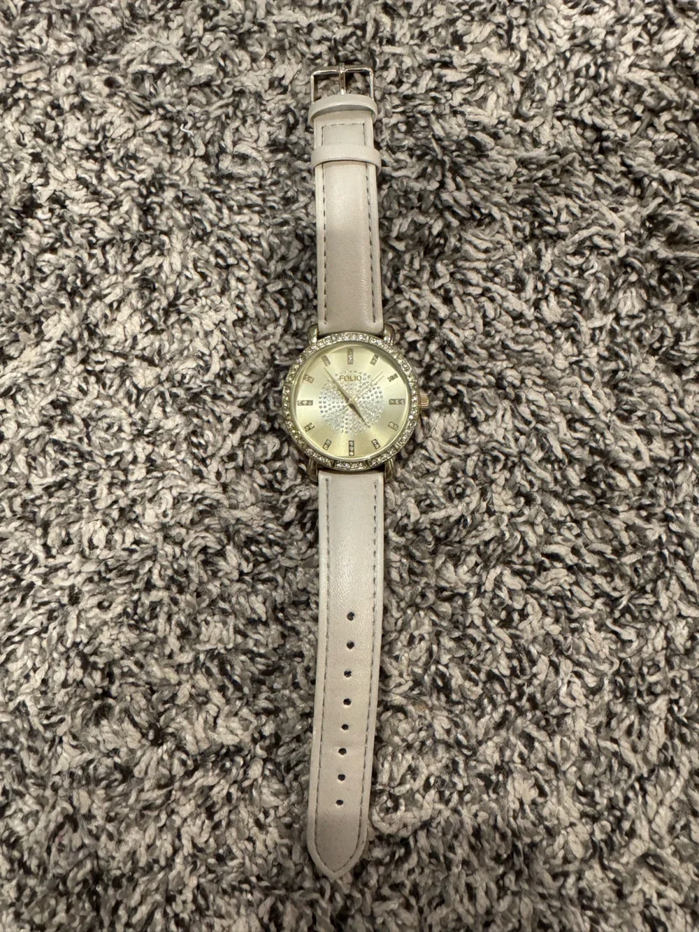 Crystal Accent Round Face Watch with Ivory Strap